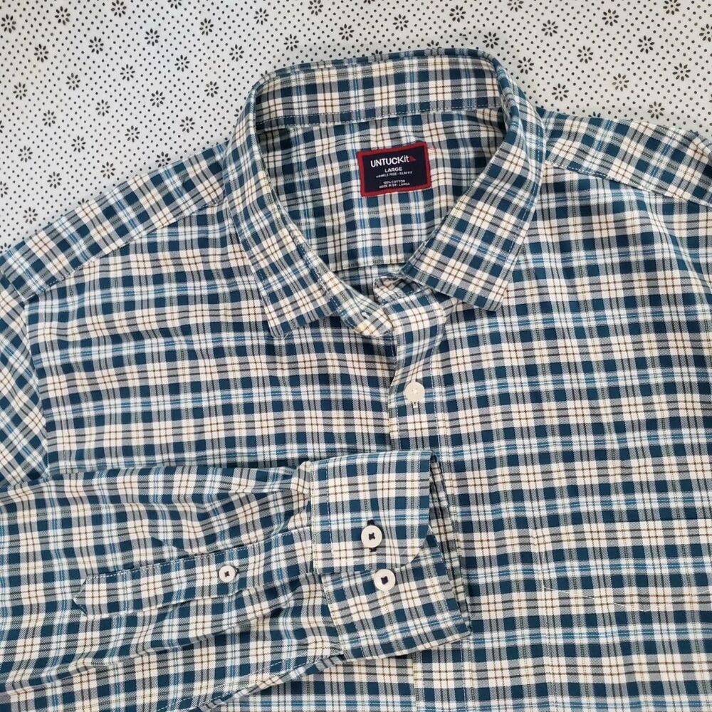 UNTUCKit Elrond Men's Large Navy Slim Fit Wrinkle-Free Plaid Button Down Shirt